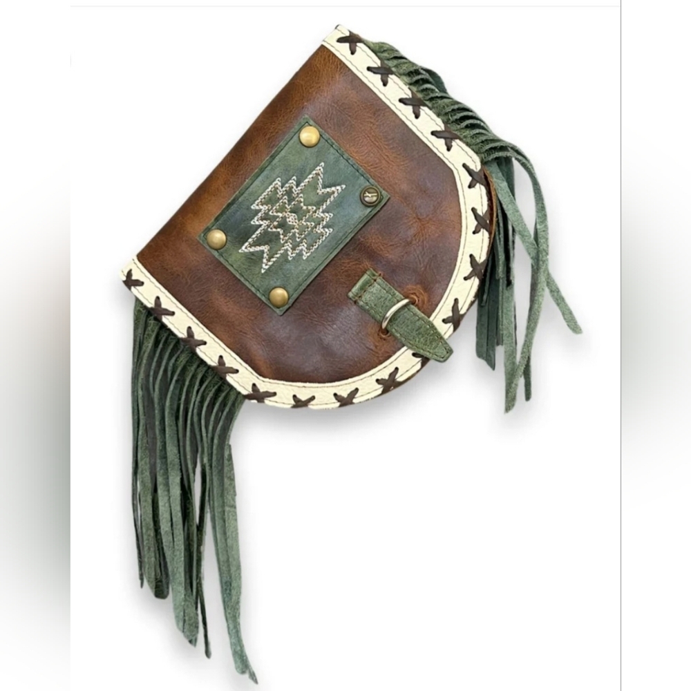Pure Dixie Brown Leather JD Pouch Adjustable Crossbody Purse with Green Fringe